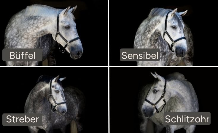 vier verschiedene Pferdetypen
